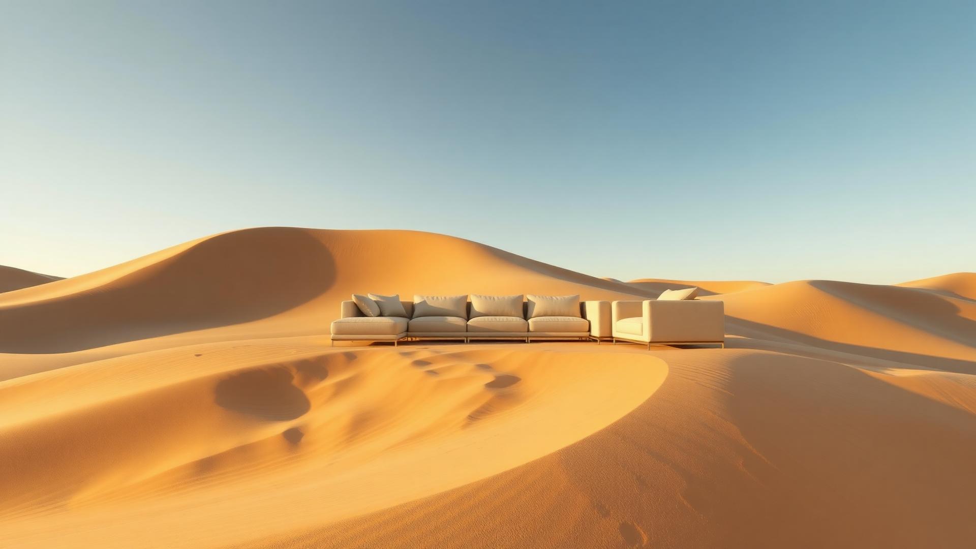 Beige modular sofa on desert dunes at golden hour