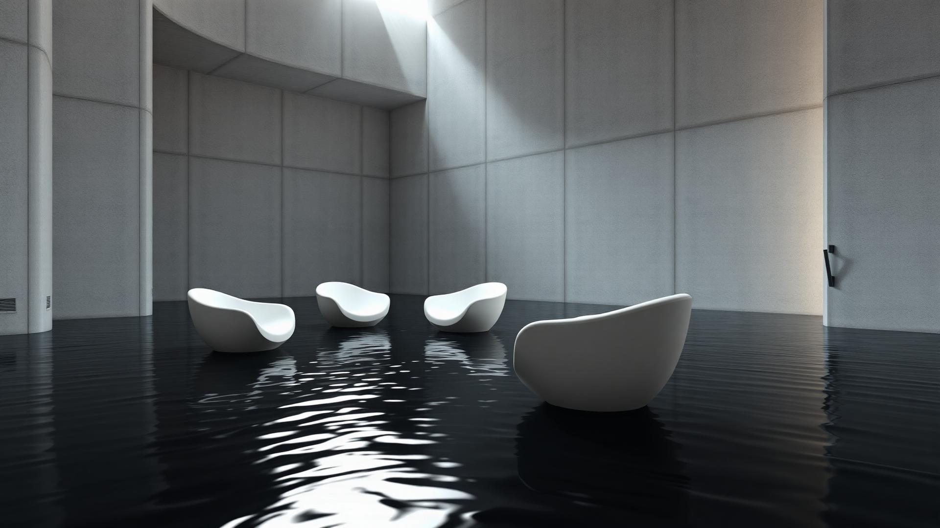 Sculptural white chairs on black water in a concrete hall