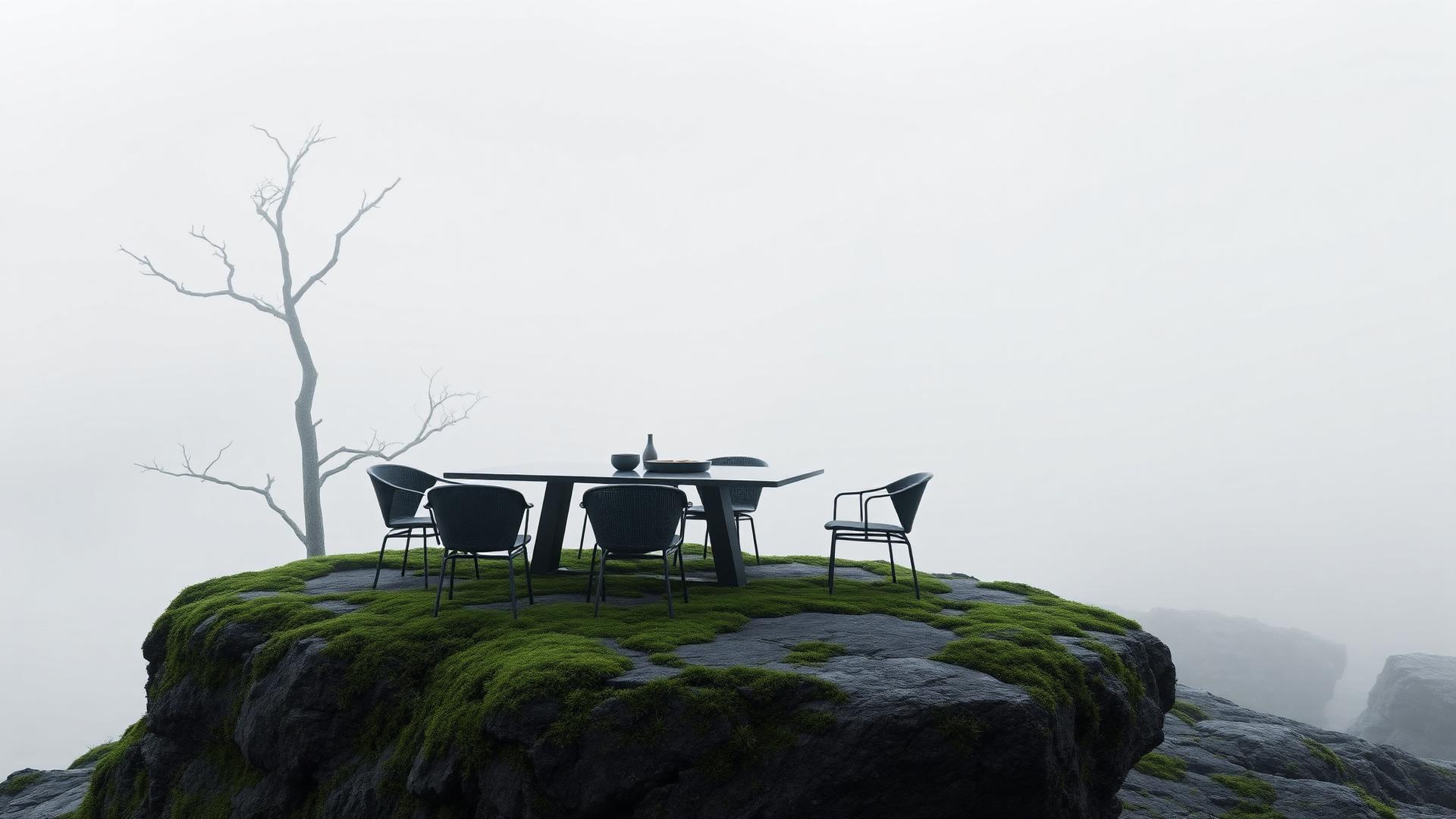 Outdoor dining set on a mossy rock plateau in fog