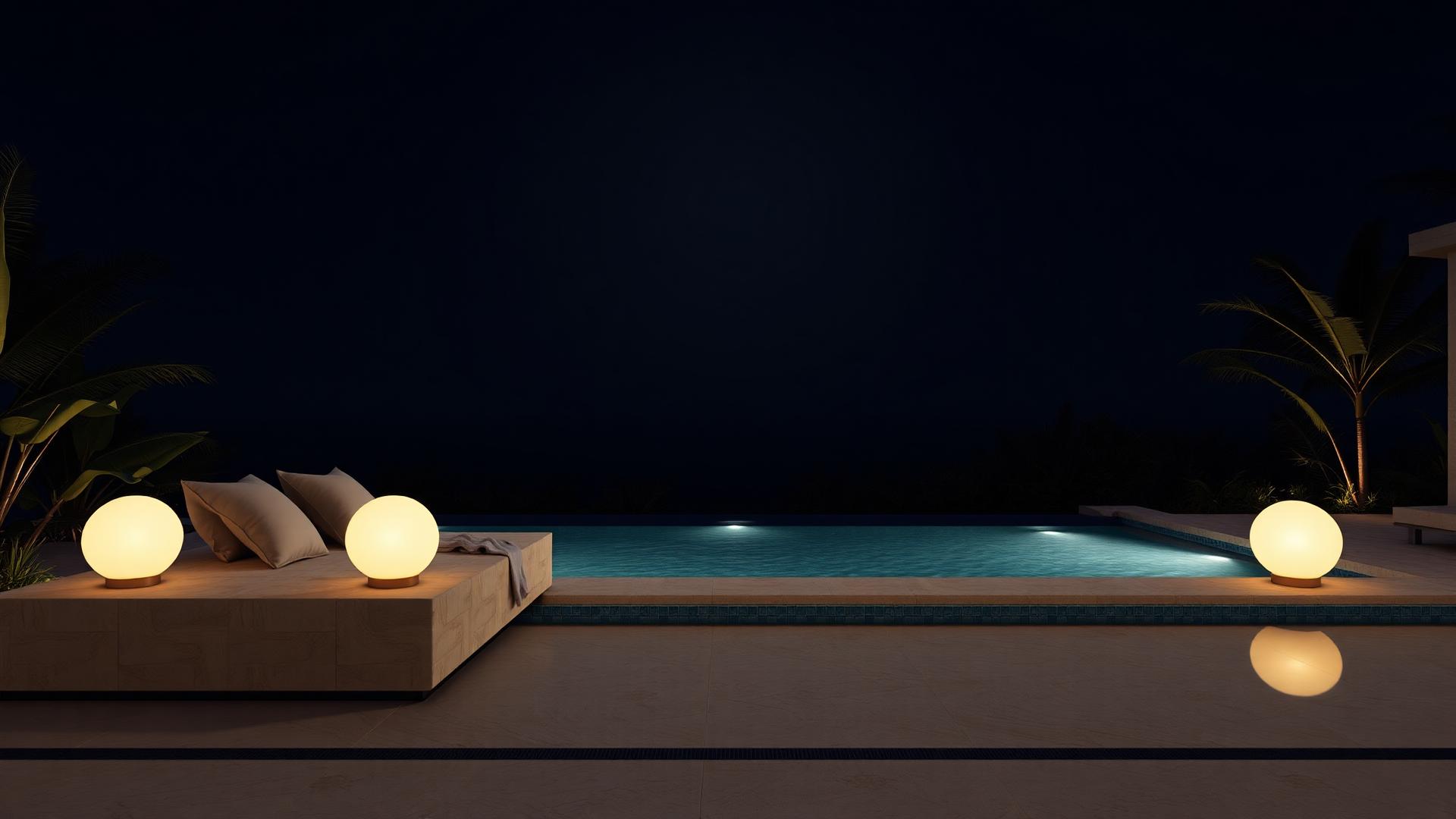 Travertine daybed and globe lamps beside a pool at night
