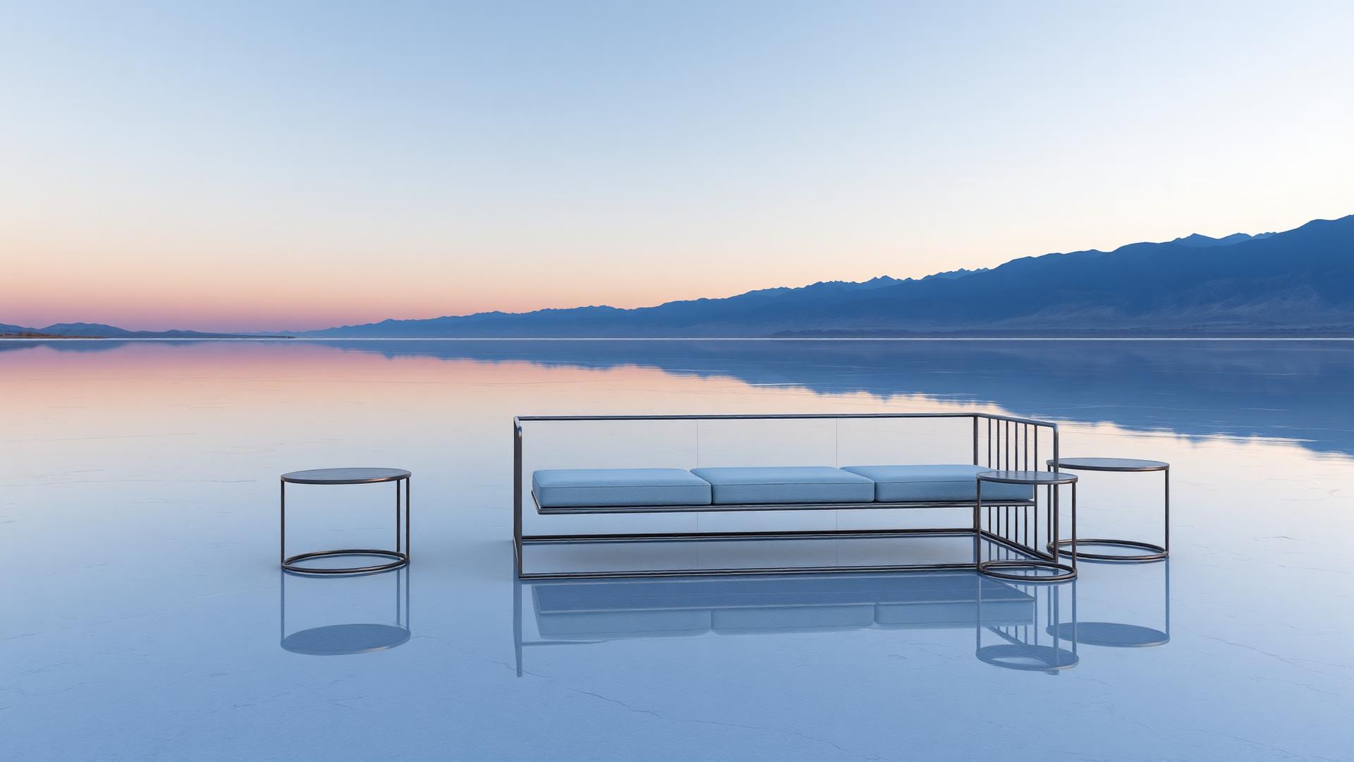 Metal frame sofa on a mirrored salt flat at blue hour